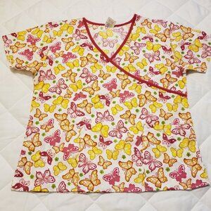 Just Love Large Scrub Top- Pink Yellow Butterflies